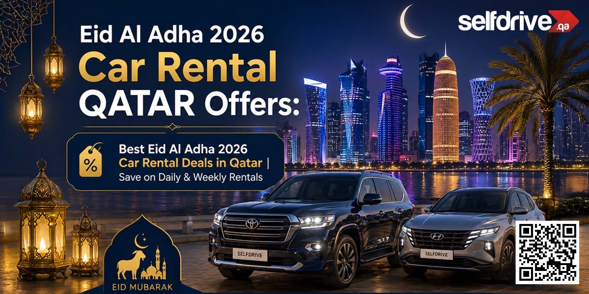Eid Al Adha 2026 car rental offer advertisement for Qatar. Features two parked cars, a city skyline, lanterns, and a QR code. Celebratory and festive tone.